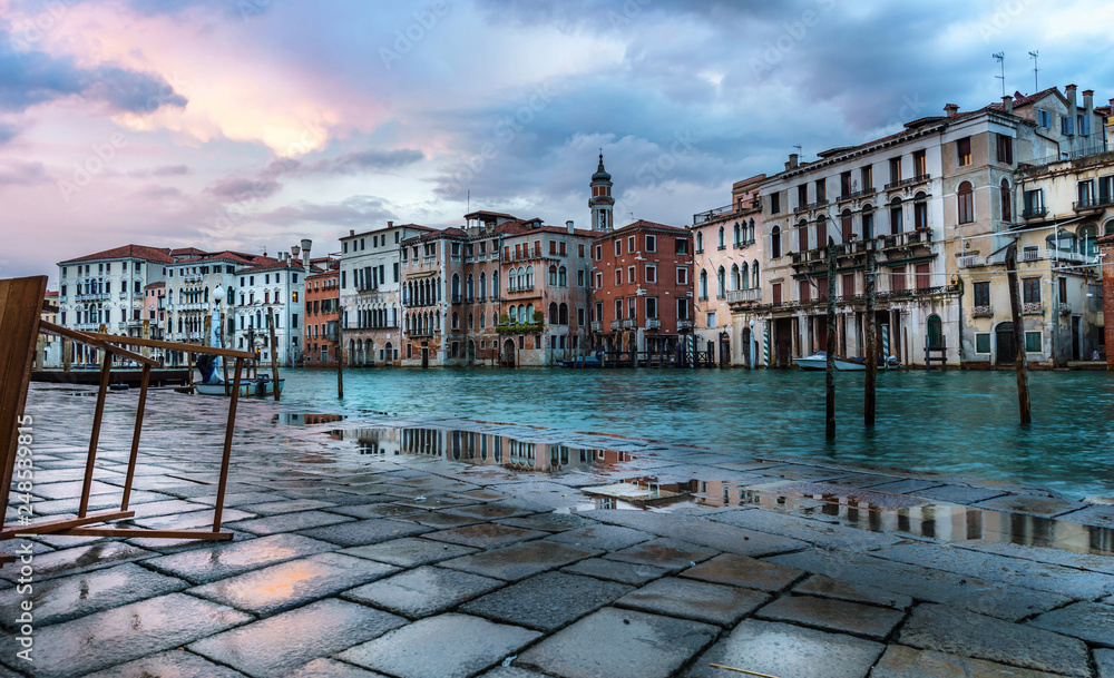 Panorama of Grand Canal and Rialto Bridge at sunset Venice, Italy