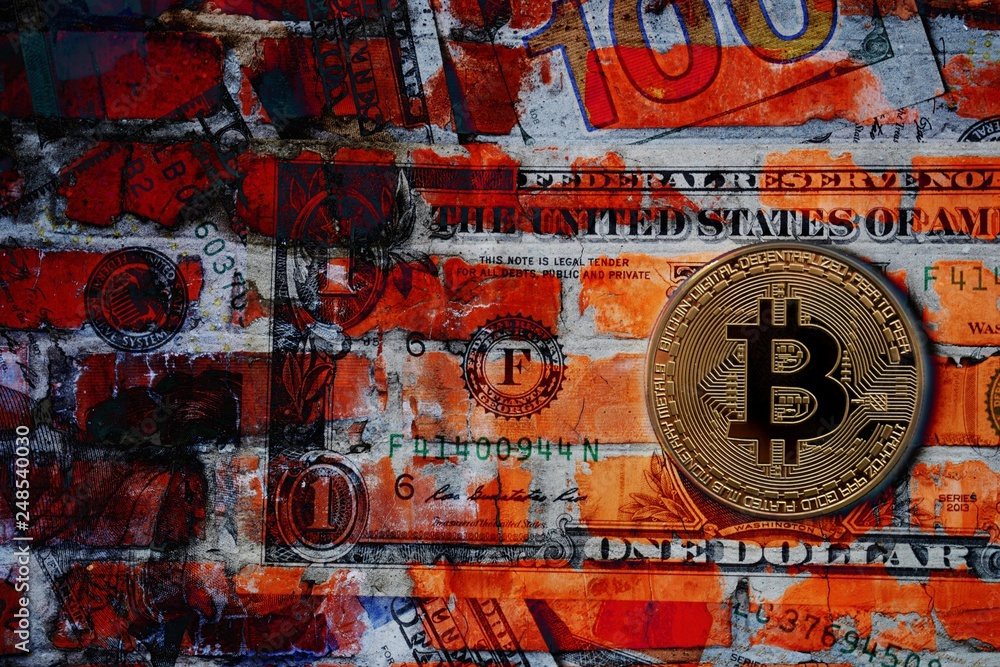 Fototapeta premium Bitcoin on brick wall background