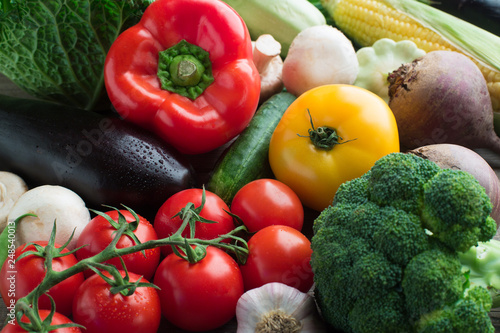 Fresh vegetables assortment  close up. Colorful vegetarian variation.  