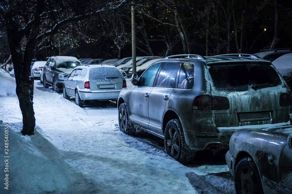 cars in the parking at winter