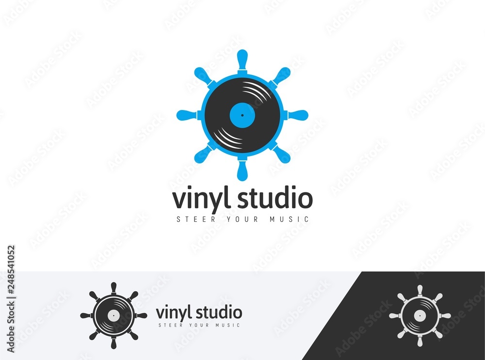Vector music logo concept. Blue ship steering wheel with vinyl disc isolated. Summer Dj s festival logotype. Night club icon concept Vector music logo concept. Blue ship steering wheel with vinyl disc isolated. Summer Dj s festival logotype. Night club icon concept
