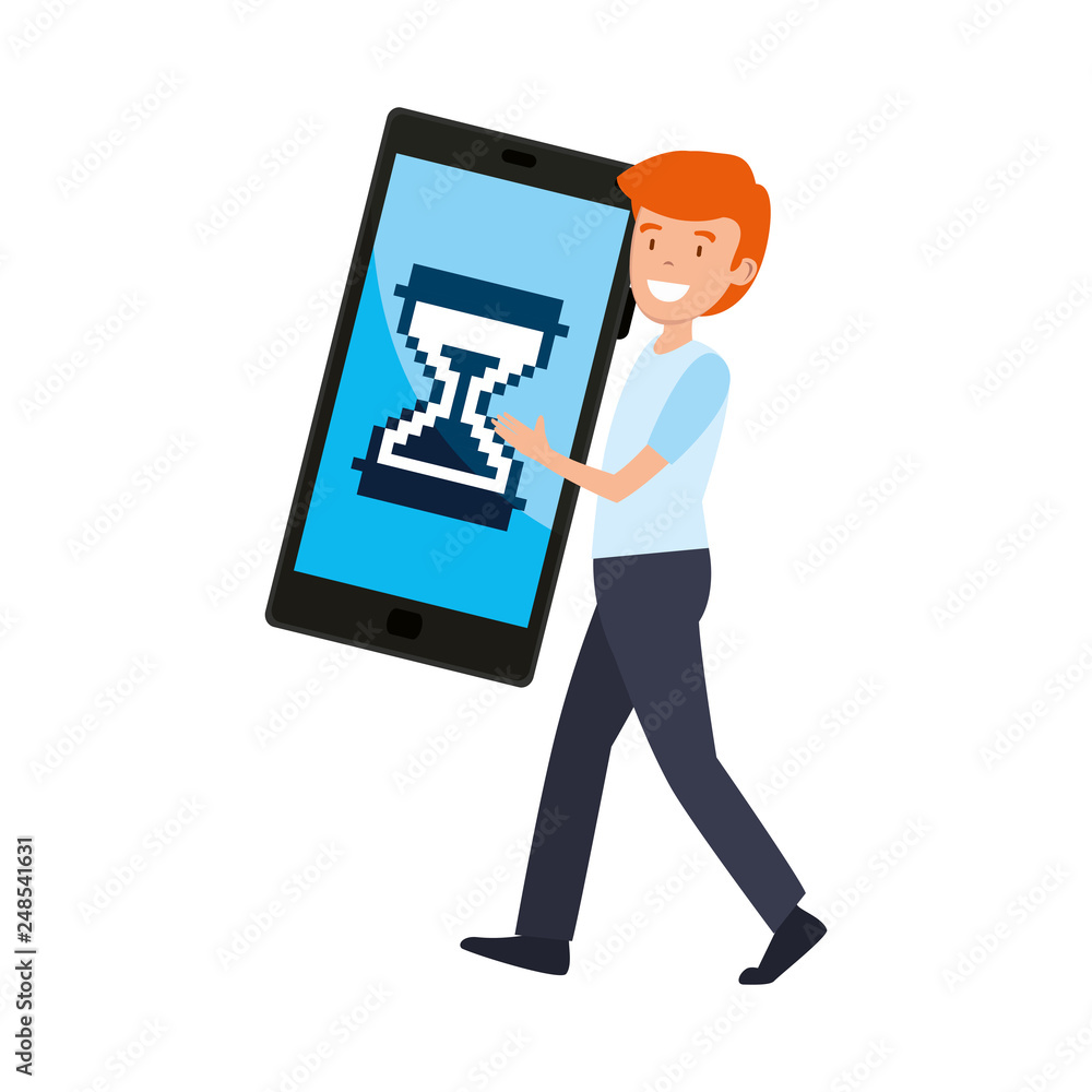 man lifting smartphone with hourglass