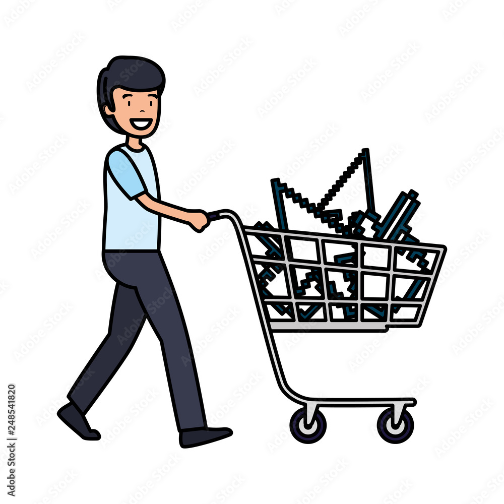 man with shopping cart and arrows mouse pointers man with shopping cart and arrows mouse pointers