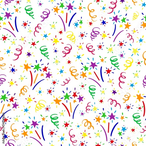 Carnival or holiday seamless pattern with fireworks, stars and serpentine streamers. Festive background for design, Carnival, kids party, decoration, event. Vector card, promotion, poster, flyer, web. © Olga