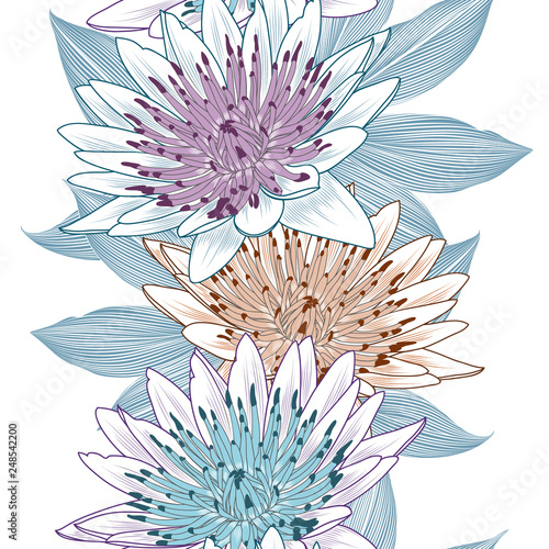 Seamless pattern with lotos flowers and and abstract leaves.