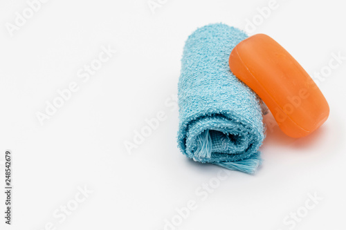 towel wrapped with soap, white background