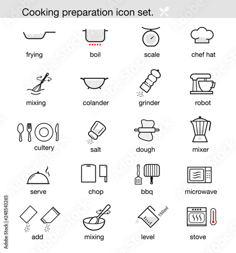 Cooking preparation icon set. Set of sign for detailed guideline. Vector elements on a white background. Ready for your design.