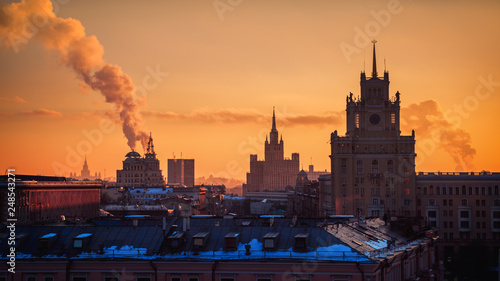Moscow, Russia Sunset Orange Sky Calm Winter Landscape Towers Old Architecture Travel Location Smoke Stack European