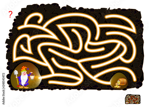 Logic puzzle game with labyrinth for children and adults. Help the gnome find the way till the treasure. Printable worksheet for brainteaser book. Vector cartoon image.