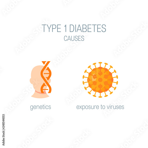 Diabetes type 1 causes in flat style, vector