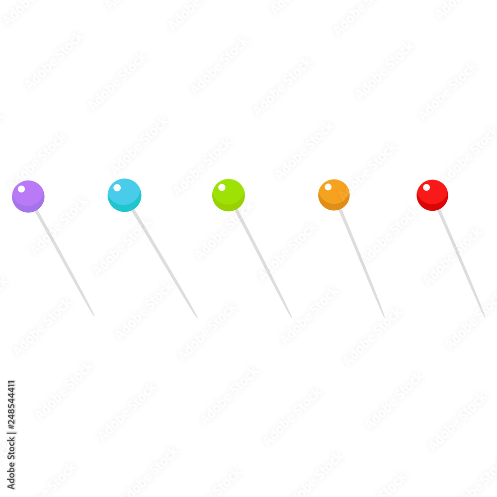 Multi colored push pins. Pins. Logo, icon pins. Vector illustration. EPS 10. Multi colored push pins. Pins. Logo, icon pins. Vector illustration. EPS 10.