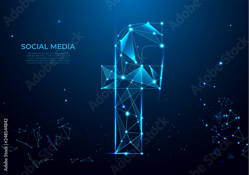 letter F sign form lines and triangles, point connecting network on blue background.  Polygonal wireframe mesh art, poly low