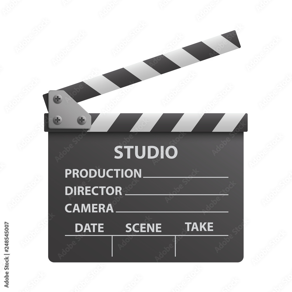 Vector realistic of black open clapperboard or clapper - stock vector.