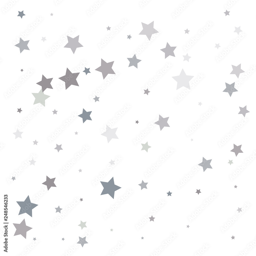 Silver glitter falling stars. Silver sparkle star on white background. Vector template for New year, Christmas, birthday, party, wedding, card, invitation, flyer, voucher, web, header. Star confetti.