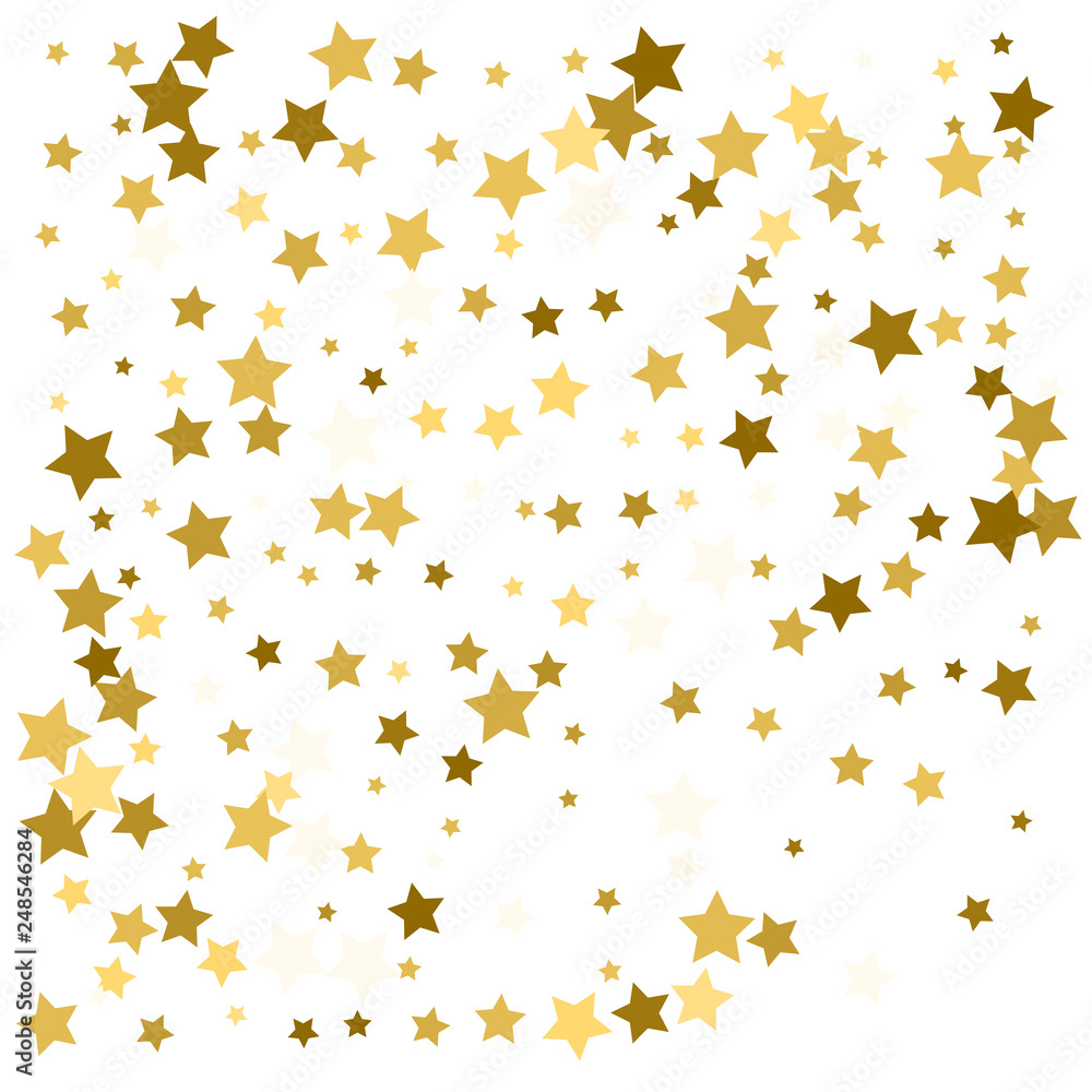 Gold star confetti rain festive holiday background. Vector golden paper foil stars falling down isolated on white background.