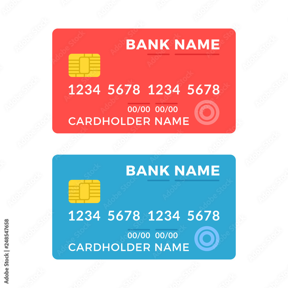 Obraz premium Credit cards set. Blue and red credit card. Flat design. Modern concepts. Vector illustration