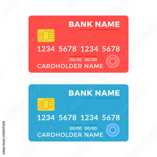 Credit cards set. Blue and red credit card. Flat design. Modern concepts. Vector illustration