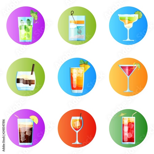 Set of Nine Tropical Cocktails Rounded Image. Mojito, Tom Collins, Margarita