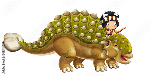 cartoon dinosaur euoplocephalus and caveman riding on him - isolated on white background - illustration for children photo