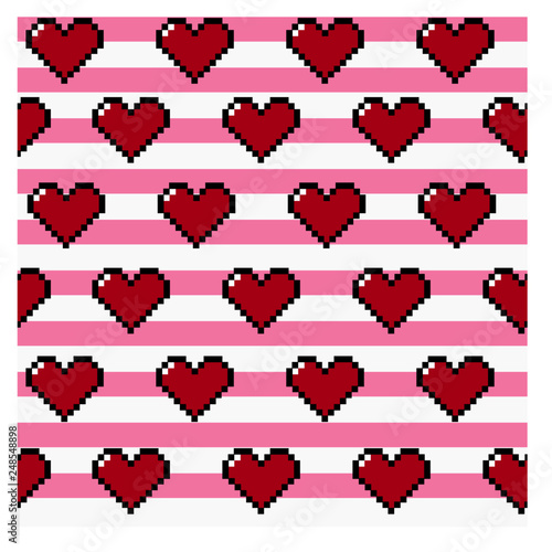 Pixel Valentine Hearts on Stripe Background Seamless Repeating Vector Pattern