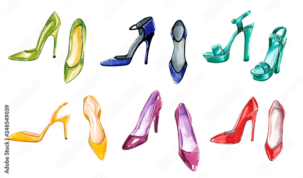 Hand drawn watercolor fashion illustration clipart isolated on white -  elegant high heel shoes in olive green, yellow, purple, blue, turquoise and  red colors Stock Illustration | Adobe Stock