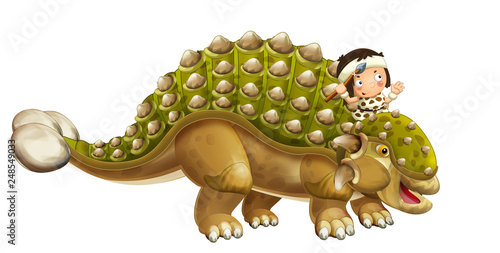 cartoon dinosaur euoplocephalus and caveman riding on him - isolated on white background - illustration for children photo