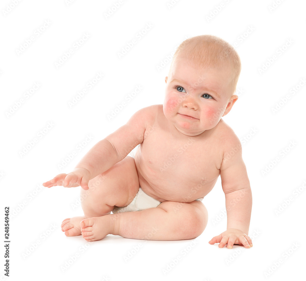 Cute little baby crawling on white background Cute little baby crawling on white background