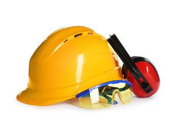 Set of safety equipment on white background