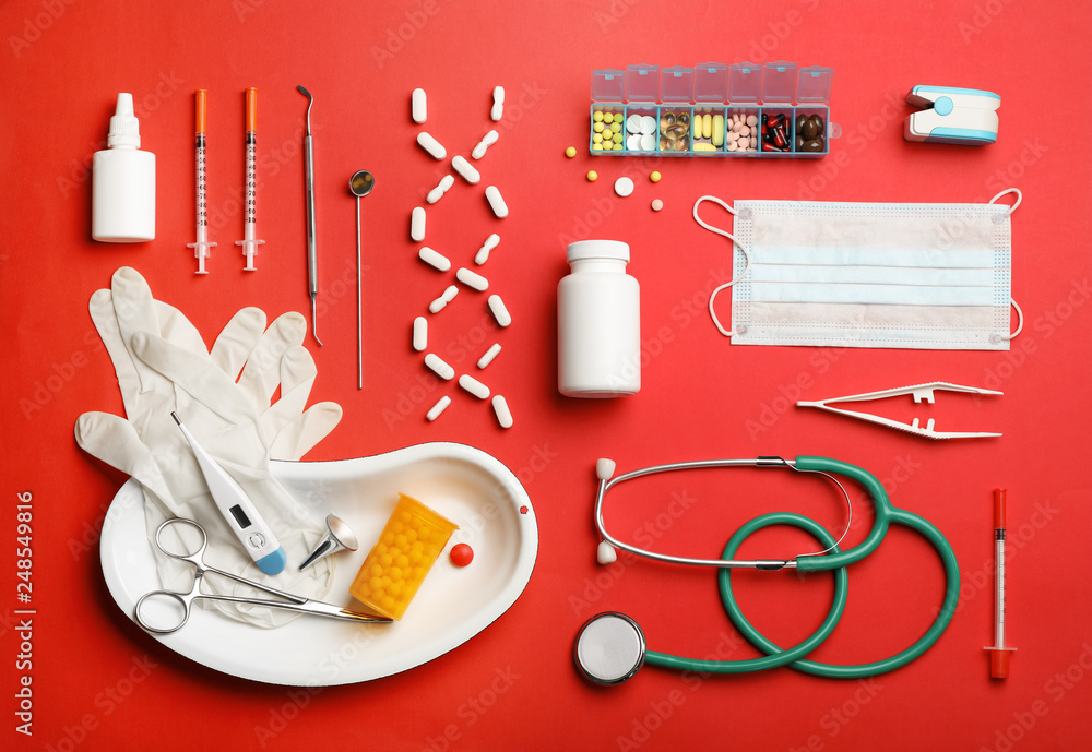 Flat lay composition with medical objects on color background Flat lay composition with medical objects on color background