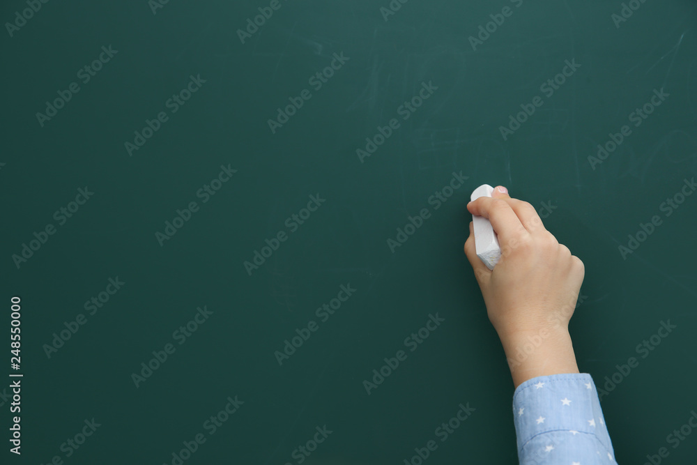 Little child writing on chalkboard, closeup. Space for text Little child writing on chalkboard, closeup. Space for text