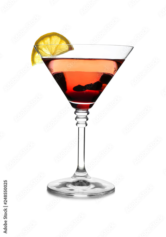 Glass of cocktail with martini and lemon on white background Glass of cocktail with martini and lemon on white background