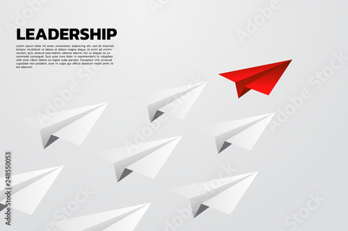 red origami paper airplane leading group of white. Business Concept of leadership and vision mission.