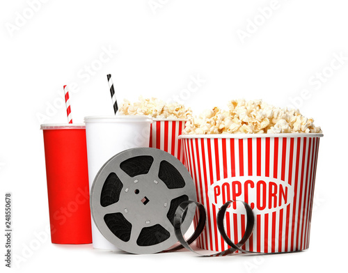 Popcorn, drinks and reel isolated on white. Cinema snack