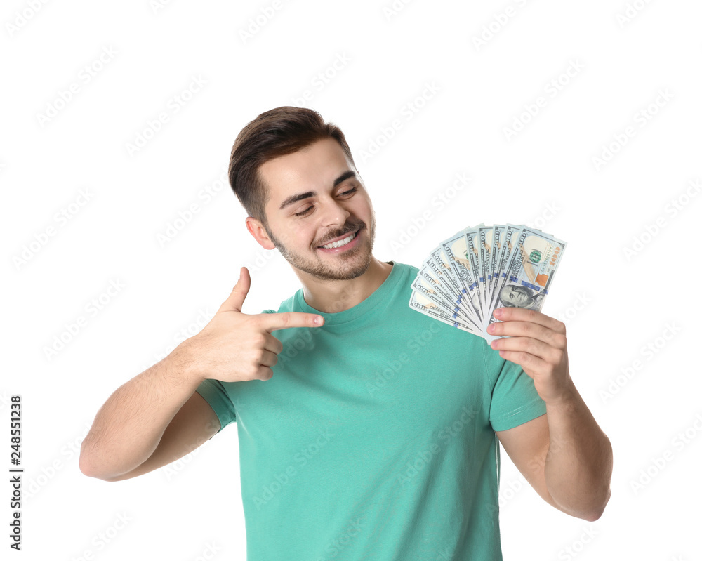Portrait of happy young man with money on white background Portrait of happy young man with money on white background
