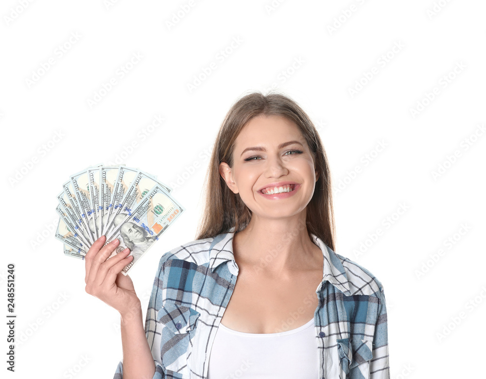 Portrait of happy young woman with money on white background Portrait of happy young woman with money on white background