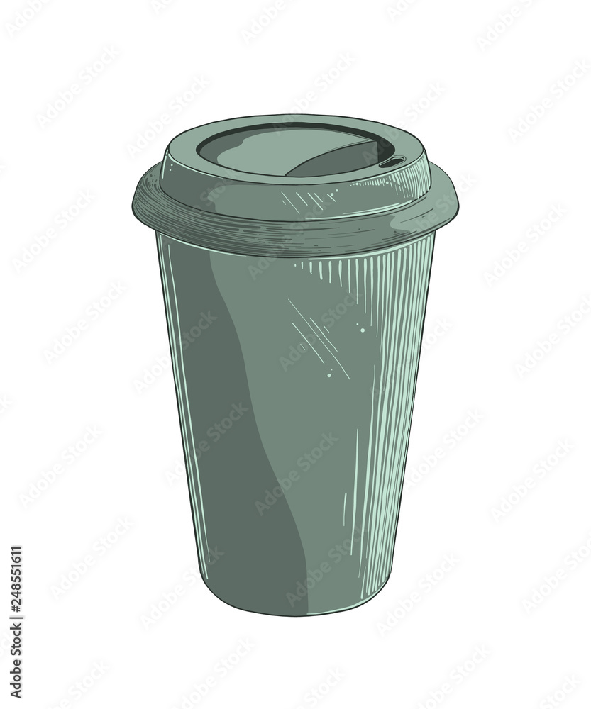 Hand drawn sketch of disposable cup in green color isolated on white background. Vector illustration Hand drawn sketch of disposable cup in green color isolated on white background. Vector illustration