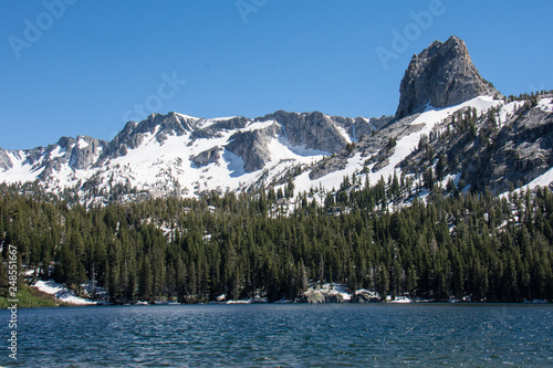 View of Lake George in Mammoth Lakes California in summer. Snow still on the mountains