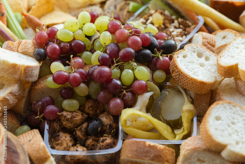 Event healthy catering food delivery concept. Multi choice food variety with vegetarian and vegan option buffet Event healthy catering food delivery concept. Multi choice food variety with vegetarian and vegan option buffet