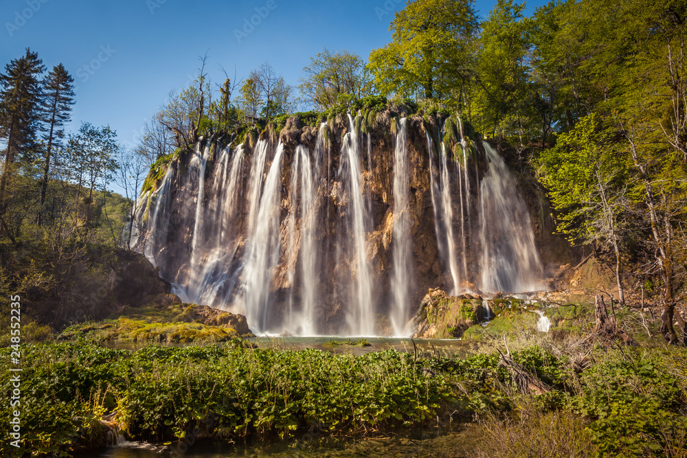 View of Veliki Prstavac Waterfall, the second highest waterfall in the park with a single drop near 28 meters, Plitvice Lakes National Park, Croatia