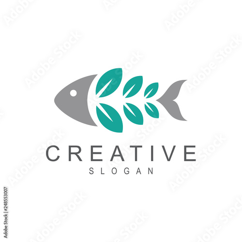 Fish +Leaf Logo, Green Fish Logo, Nature Fish Logo, Fresh Fish