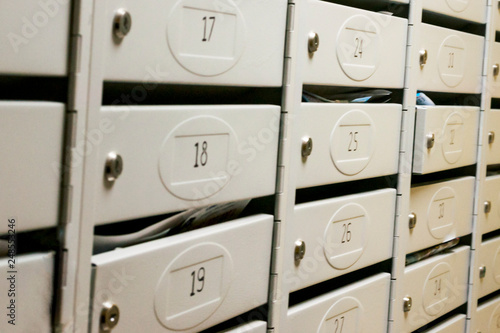 A lot of mailboxes in an apartment building. Selective focus.