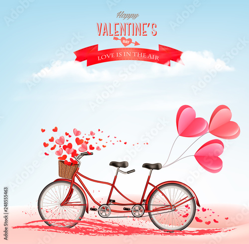 Valentine's Day background with tandem bicycle with red hearts. Concept of love. Vector