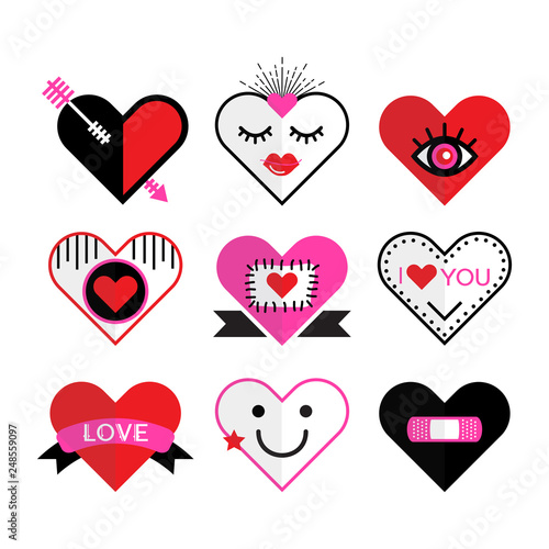 Cute pink and red heart and love icon emblems and design elements set on white background