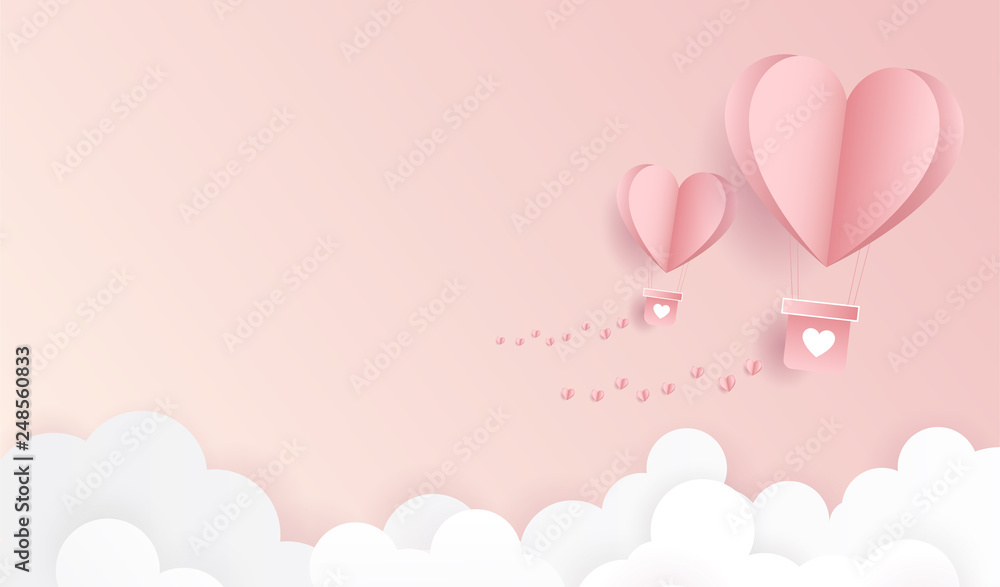 Happy valentine day. Origami made hot air balloon flying on pastel pink background for copy space. minimal concept. Vector Illustration Happy valentine day. Origami made hot air balloon flying on pastel pink background for copy space. minimal concept. Vector Illustration