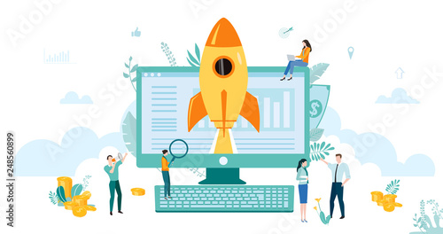 New business start up. Template with computer, rocket and people.