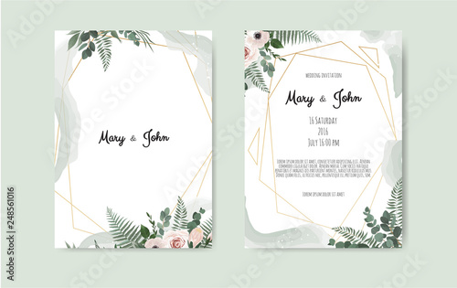 Botanical wedding invitation card template design, white and pink flowers on ...