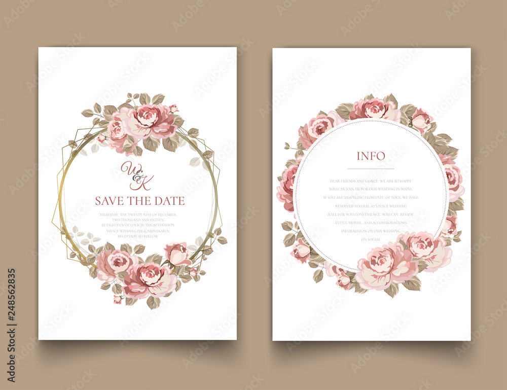 Set of pink rose invitation cards.