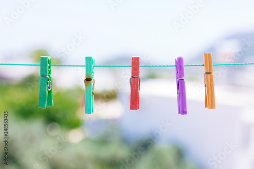 clothes pegs or clothespins on line. Laundry or washing concept image.