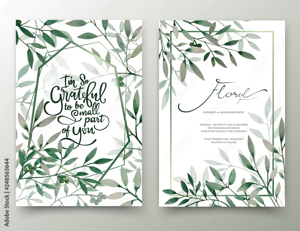 Watercolor hand painted leaves, Invitation card.
