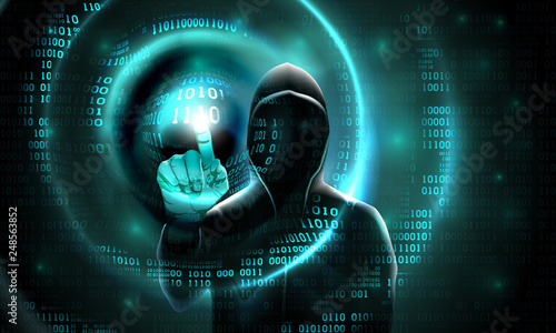 Computer hacker with a hood touches the touch screen binary code. Light waves on abstract binary software dark background hacker silhouette. Hacking computer system, database, data theft, vector